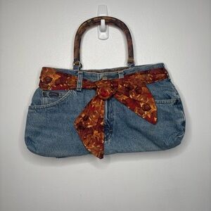 Upcycled Denim Jean Purse Tote Y2K Tortoise Handles, Floral Scarf, One-of-a-Kind